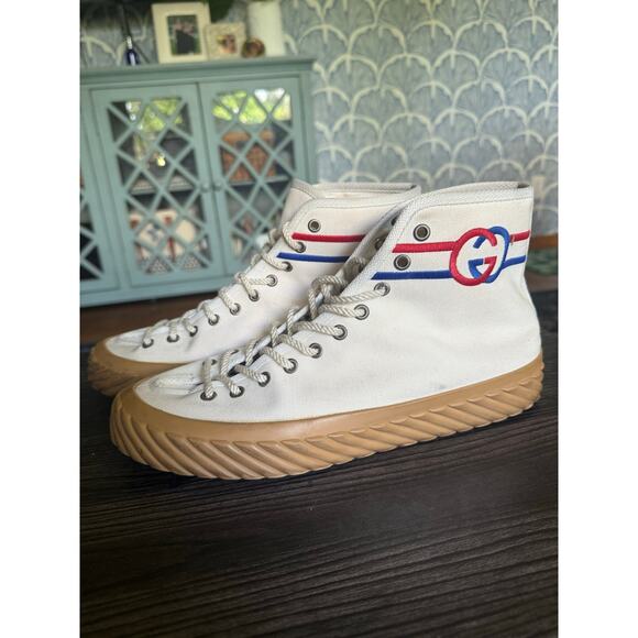 Gucci Tortuga GG Logo Red, White, & Blue High Top Sneakers Sz. 8M/10W - Picture 1 of 11